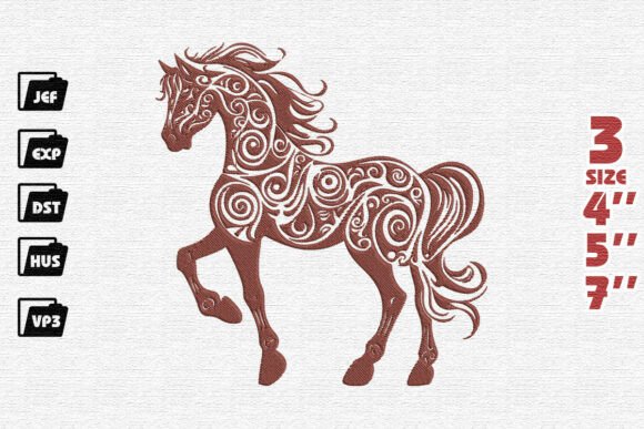 Elegant Ornate Horse with Swirls Embroidery Design